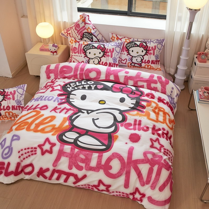 91家纺网 家纺一手货源 找家纺 蘭菲家纺 2026新款全棉三丽欧印花卡通四件套 涂鸦KT