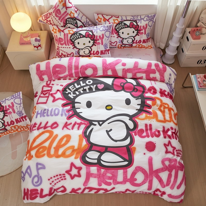 91家纺网 家纺一手货源 找家纺 蘭菲家纺 2026新款全棉三丽欧印花卡通四件套 涂鸦KT