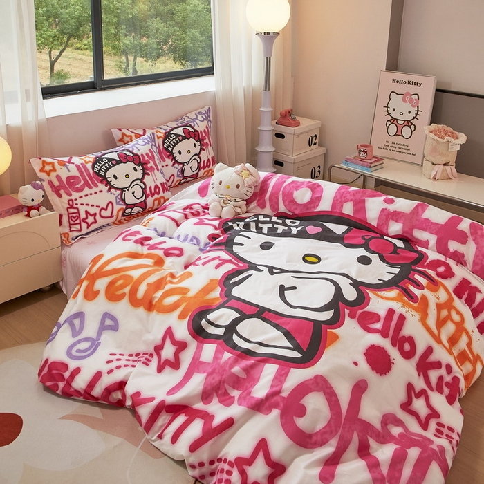 91家纺网 家纺一手货源 找家纺 蘭菲家纺 2026新款全棉三丽欧印花卡通四件套 涂鸦KT