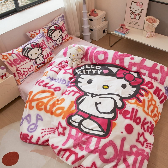 91家纺网 家纺一手货源 找家纺 蘭菲家纺 2026新款全棉三丽欧印花卡通四件套 涂鸦KT