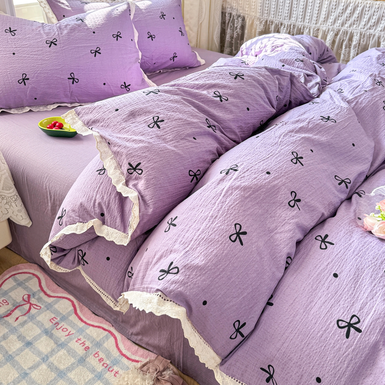 91家纺网 家纺一手货源 找家纺 （总）优卡迪家纺馆 2026新款全棉花边皱皱棉双层纱四件套下载文件包含买家秀