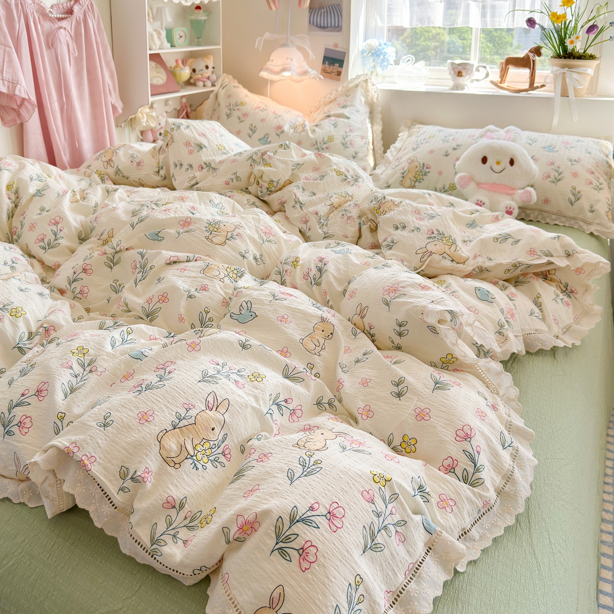 91家纺网 家纺一手货源 找家纺 优卡迪家纺馆 2026新款全棉花边皱皱棉双层纱四件套下载文件包含买家秀 花园小兔