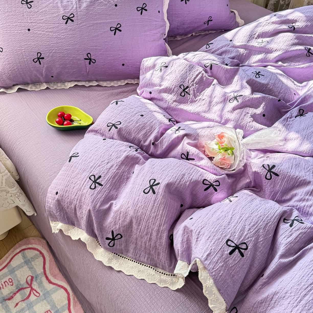 91家纺网 家纺一手货源 找家纺 优卡迪家纺馆 2026新款全棉花边皱皱棉双层纱四件套下载文件包含买家秀 紫梦