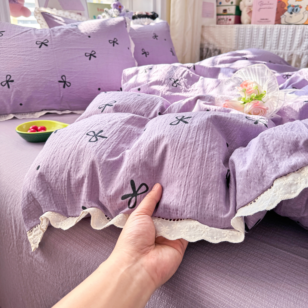 91家纺网 家纺一手货源 找家纺 优卡迪家纺馆 2026新款全棉花边皱皱棉双层纱四件套下载文件包含买家秀 紫梦