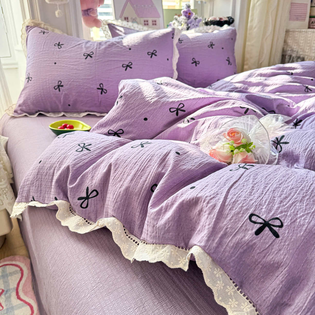 91家纺网 家纺一手货源 找家纺 优卡迪家纺馆 2026新款全棉花边皱皱棉双层纱四件套下载文件包含买家秀 紫梦