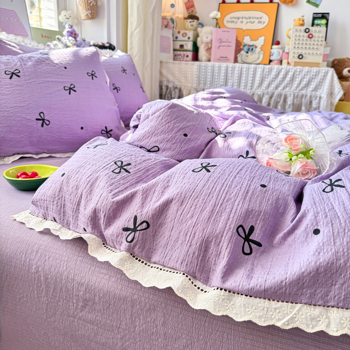 91家纺网 家纺一手货源 找家纺 优卡迪家纺馆 2026新款全棉花边皱皱棉双层纱四件套下载文件包含买家秀 紫梦