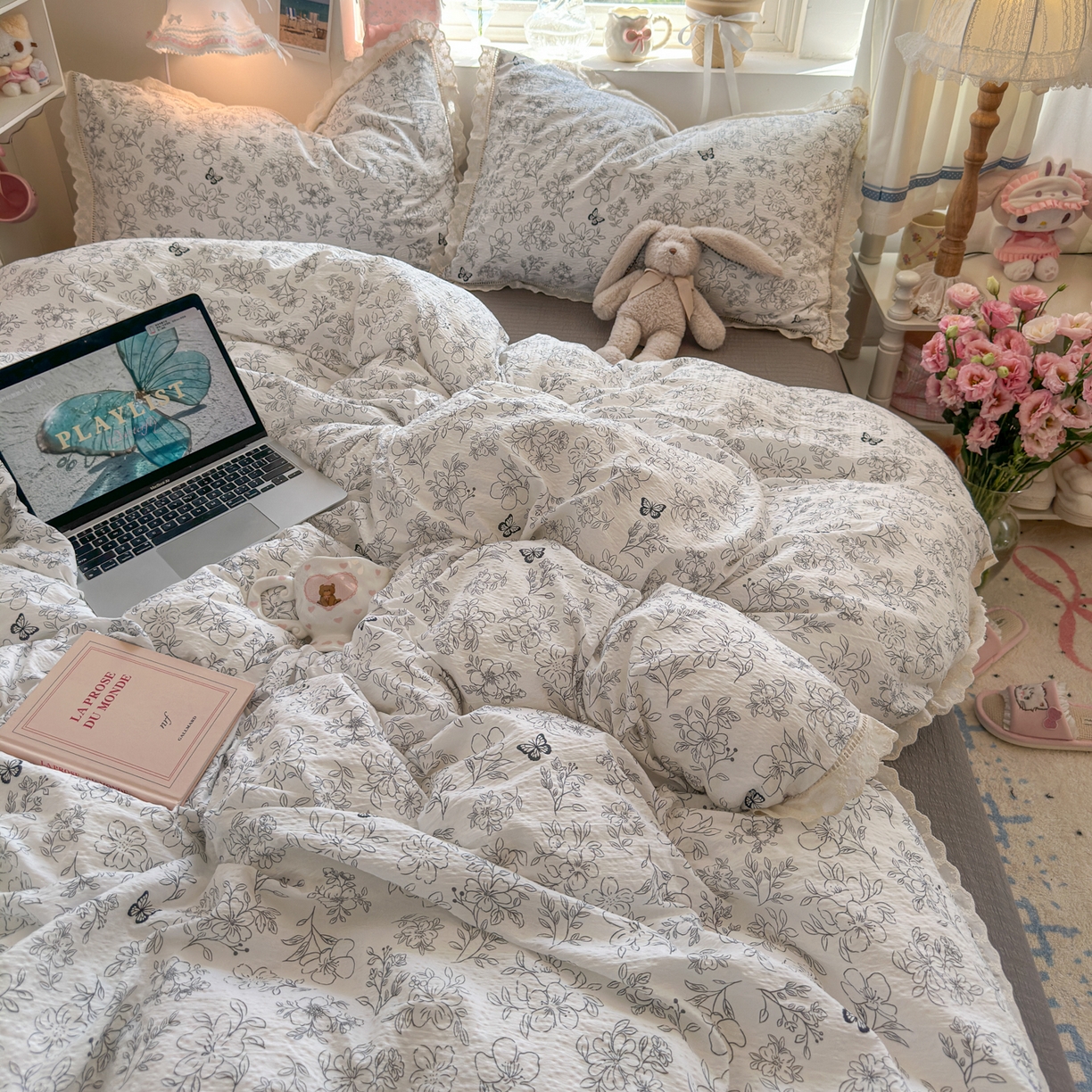 91家纺网 家纺一手货源 找家纺 优卡迪家纺馆 2026新款全棉花边皱皱棉双层纱四件套下载文件包含买家秀 蝶舞