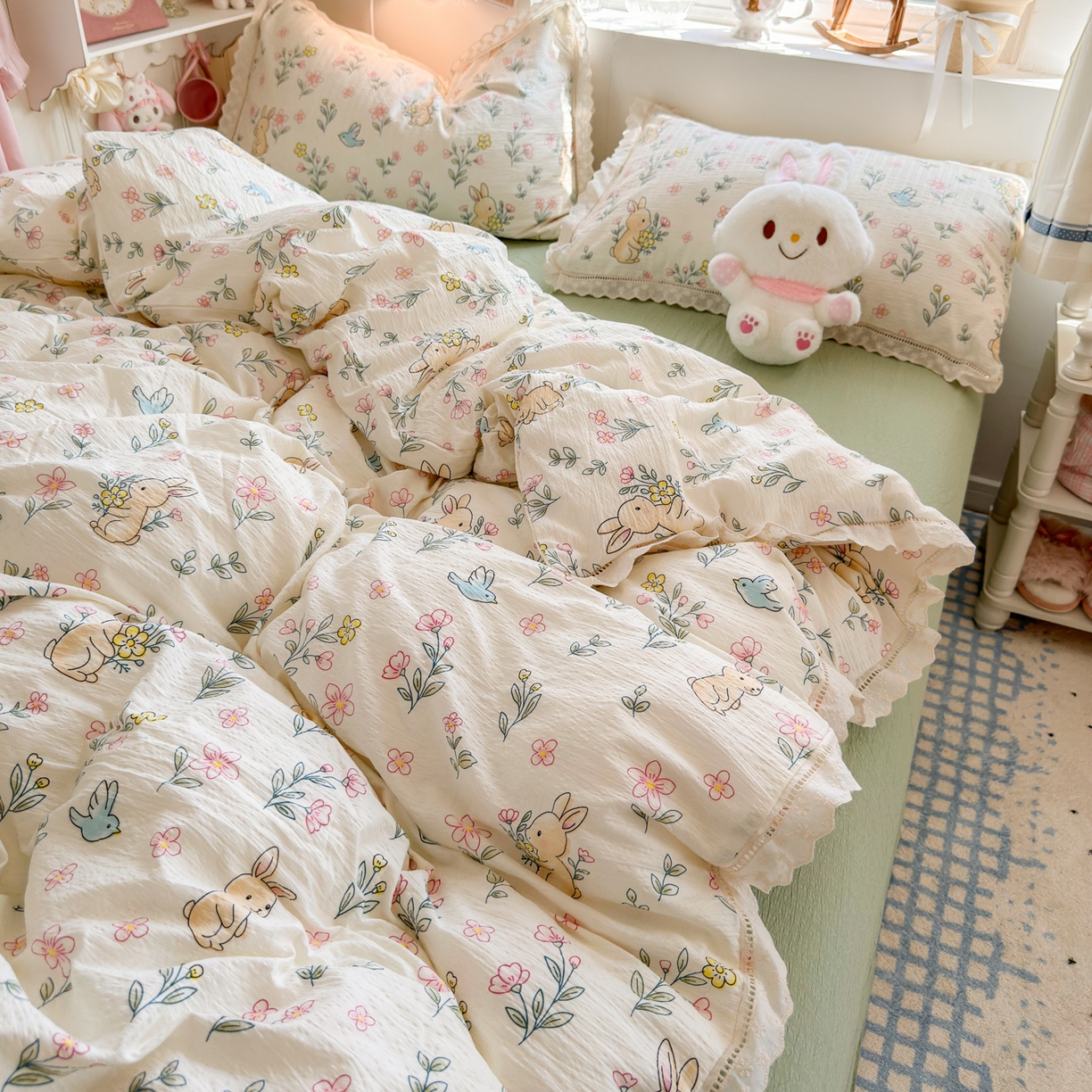 91家纺网 家纺一手货源 找家纺 优卡迪家纺馆 2026新款全棉花边皱皱棉双层纱四件套下载文件包含买家秀 花园小兔