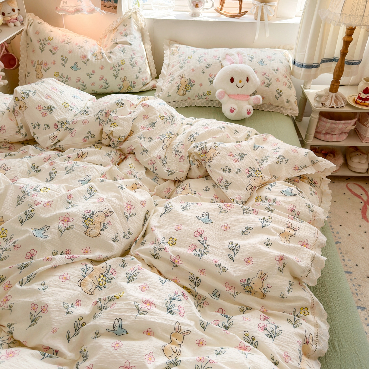 91家纺网 家纺一手货源 找家纺 优卡迪家纺馆 2026新款全棉花边皱皱棉双层纱四件套下载文件包含买家秀 花园小兔