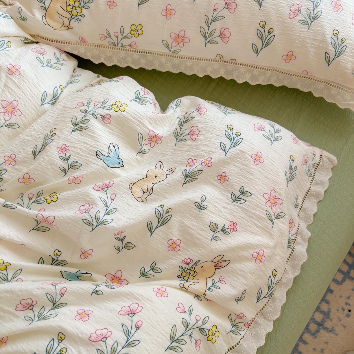 91家纺网 家纺一手货源 找家纺 优卡迪家纺馆 2026新款全棉花边皱皱棉双层纱四件套下载文件包含买家秀 花园小兔