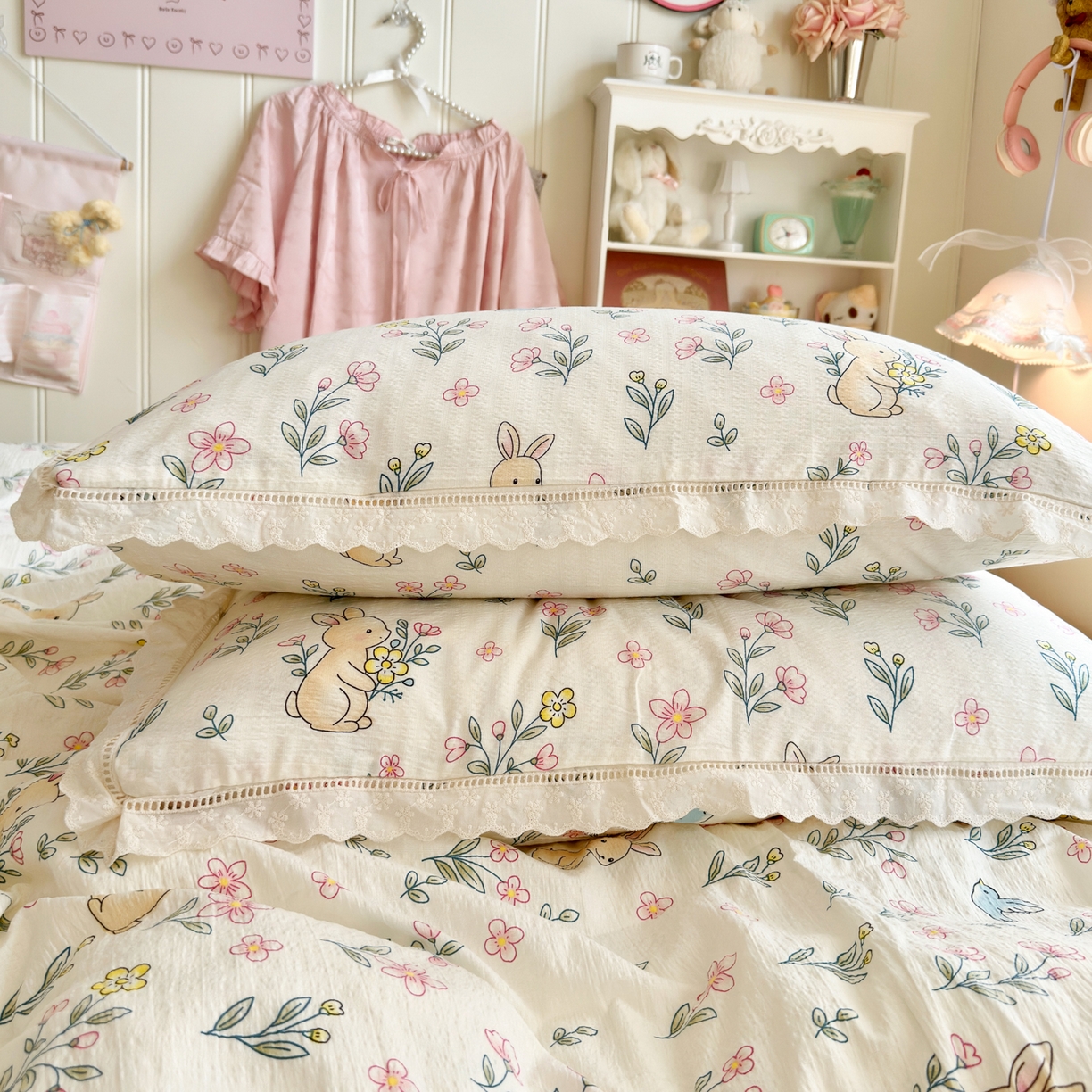 91家纺网 家纺一手货源 找家纺 优卡迪家纺馆 2026新款全棉花边皱皱棉双层纱四件套下载文件包含买家秀 花园小兔