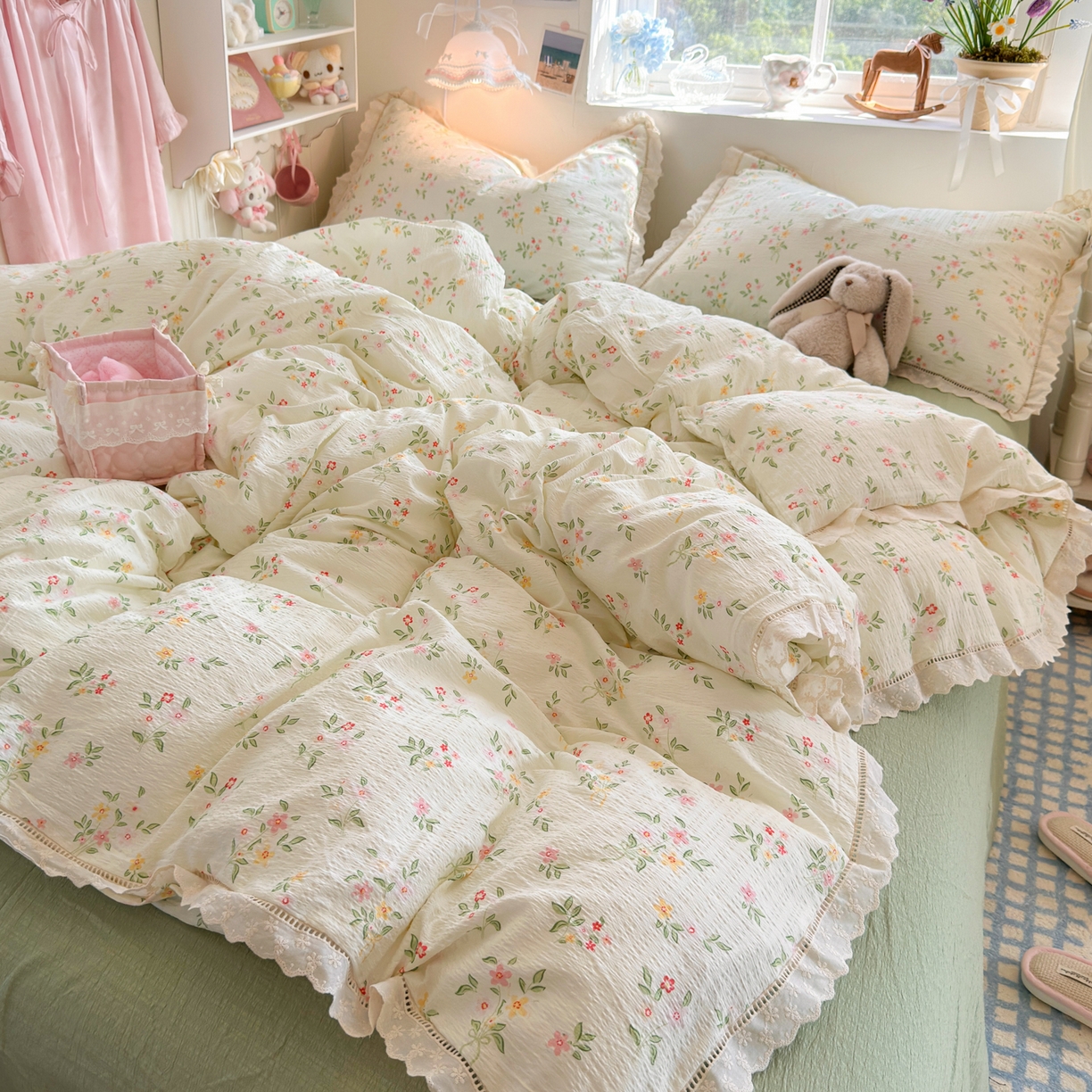 优卡迪家纺馆 2026新款全棉花边皱皱棉双层纱四件套下载文件包含买家秀 沁园春