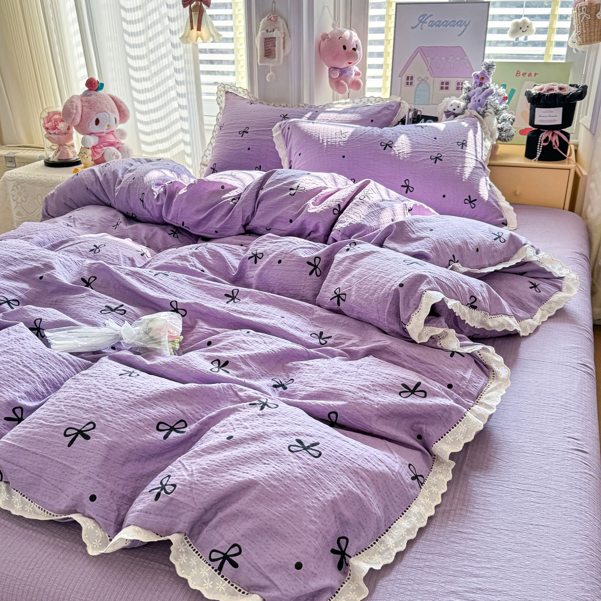 91家纺网 家纺一手货源 找家纺 优卡迪家纺馆 2026新款全棉花边皱皱棉双层纱四件套下载文件包含买家秀 紫梦