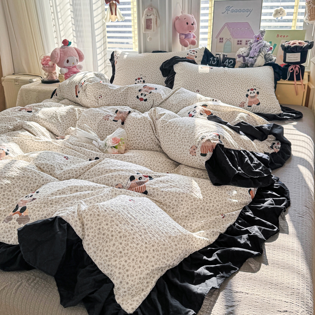 91家纺网 家纺一手货源 找家纺 （总）优卡迪家纺馆 2026新款皱皱棉双层纱黑花边四件套下载文件包含买家秀