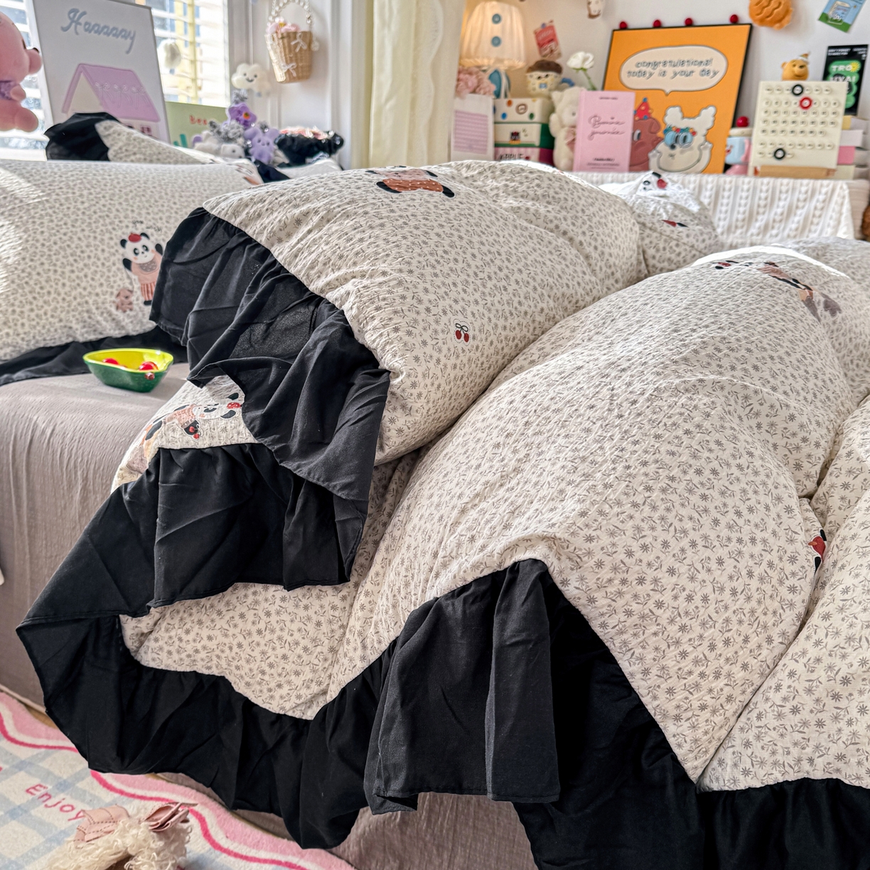 91家纺网 家纺一手货源 找家纺 （总）优卡迪家纺馆 2026新款皱皱棉双层纱黑花边四件套下载文件包含买家秀