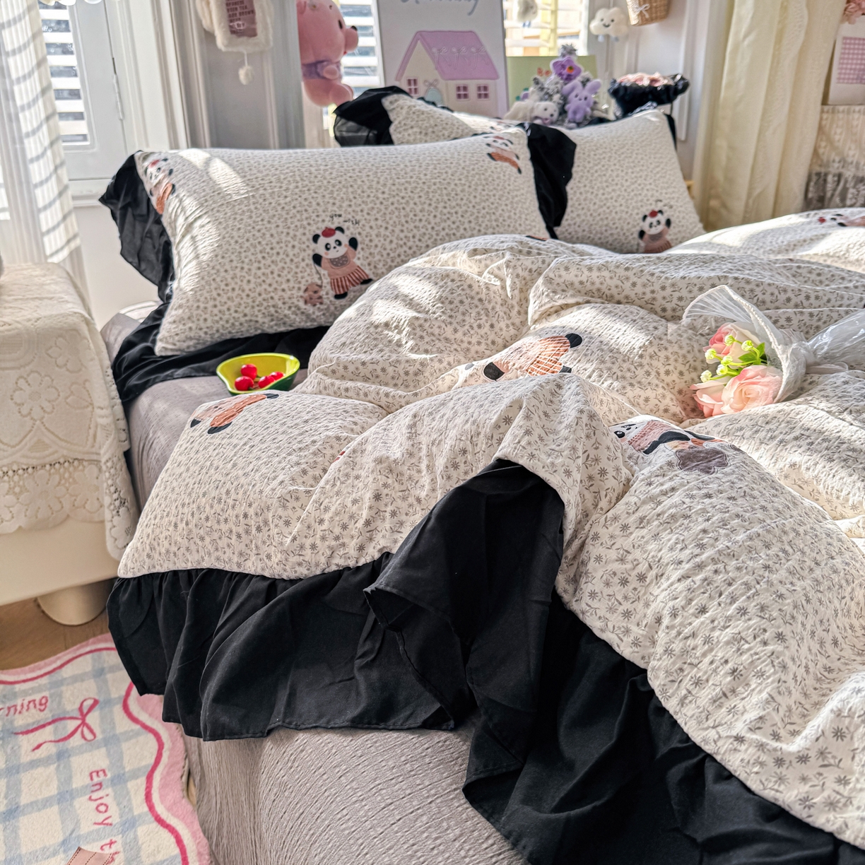 91家纺网 家纺一手货源 找家纺 （总）优卡迪家纺馆 2026新款皱皱棉双层纱黑花边四件套下载文件包含买家秀