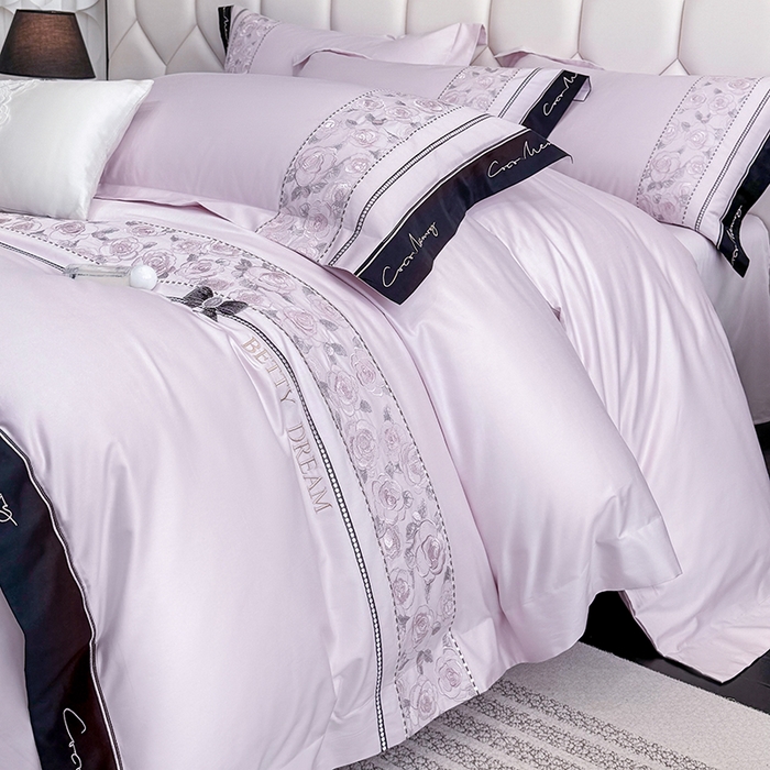 91家纺网 家纺一手货源 找家纺 欣宜家纺 2026春夏新款60支A类新疆长绒棉刺绣全棉四件套纯棉床品套件 玛丽-香芋紫