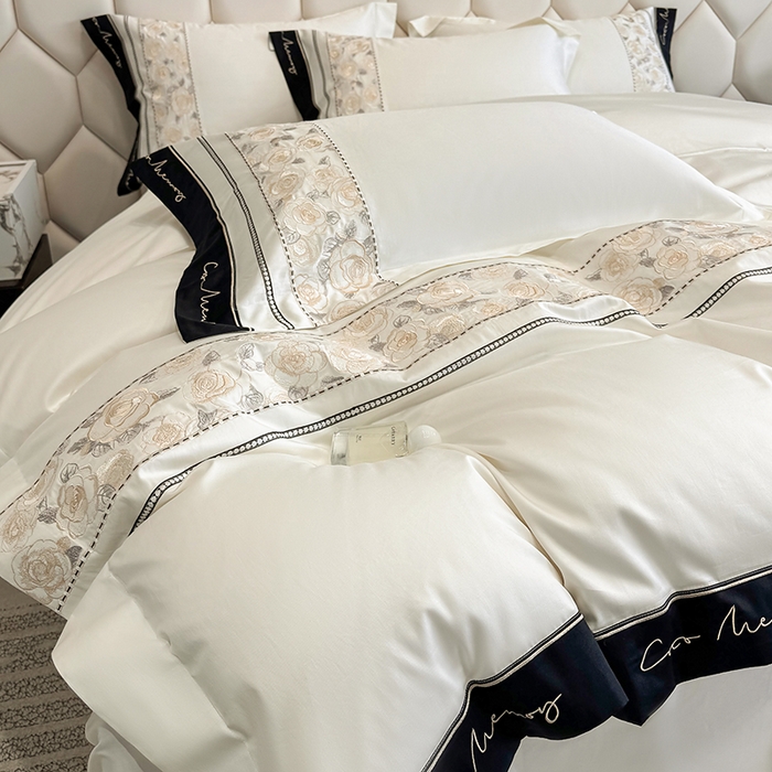 91家纺网 家纺一手货源 找家纺 欣宜家纺 2026春夏新款60支A类新疆长绒棉刺绣全棉四件套纯棉床品套件 玛丽-奶白