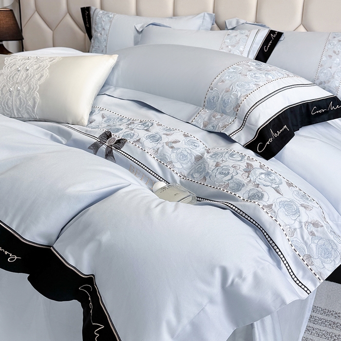 91家纺网 家纺一手货源 找家纺 欣宜家纺 2026春夏新款60支A类新疆长绒棉刺绣全棉四件套纯棉床品套件 玛丽-梦幻蓝