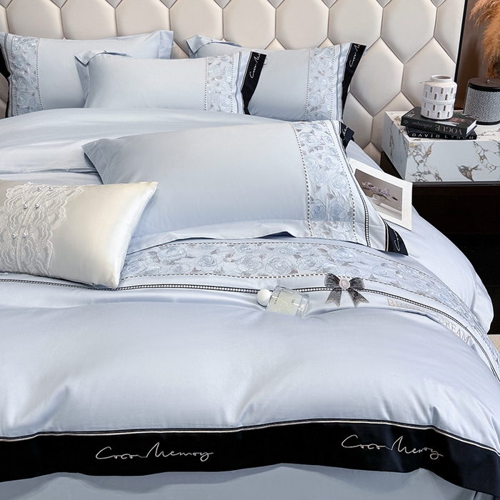 91家纺网 家纺一手货源 找家纺 欣宜家纺 2026春夏新款60支A类新疆长绒棉刺绣全棉四件套纯棉床品套件 玛丽-梦幻蓝