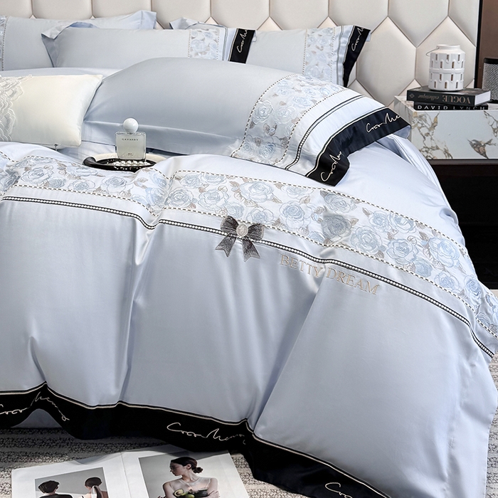 91家纺网 家纺一手货源 找家纺 欣宜家纺 2026春夏新款60支A类新疆长绒棉刺绣全棉四件套纯棉床品套件 玛丽-梦幻蓝