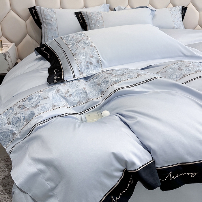 91家纺网 家纺一手货源 找家纺 欣宜家纺 2026春夏新款60支A类新疆长绒棉刺绣全棉四件套纯棉床品套件 玛丽-梦幻蓝