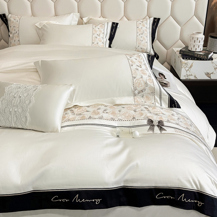 91家纺网 家纺一手货源 找家纺 欣宜家纺 2026春夏新款60支A类新疆长绒棉刺绣全棉四件套纯棉床品套件 玛丽-奶白