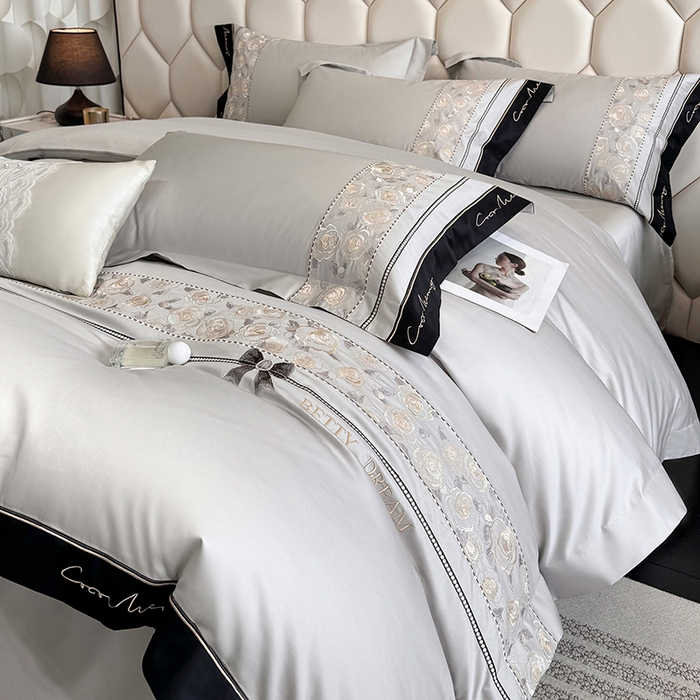 91家纺网 家纺一手货源 找家纺 欣宜家纺 2026春夏新款60支A类新疆长绒棉刺绣全棉四件套纯棉床品套件 玛丽-石灰