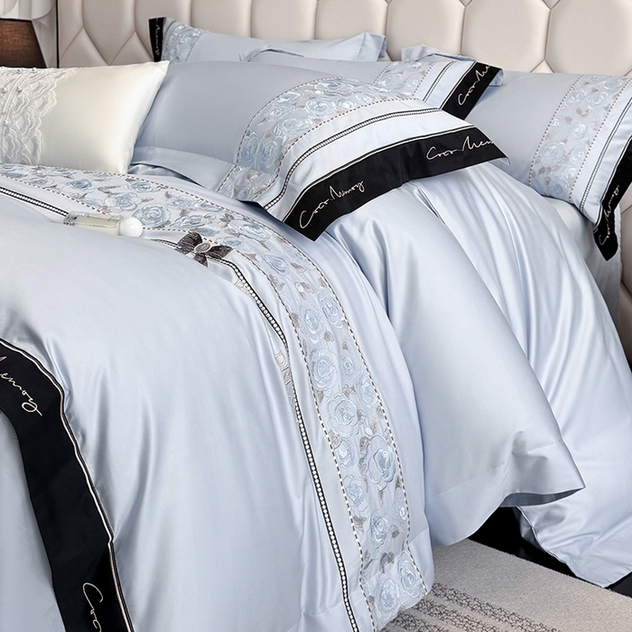 91家纺网 家纺一手货源 找家纺 欣宜家纺 2026春夏新款60支A类新疆长绒棉刺绣全棉四件套纯棉床品套件 玛丽-梦幻蓝