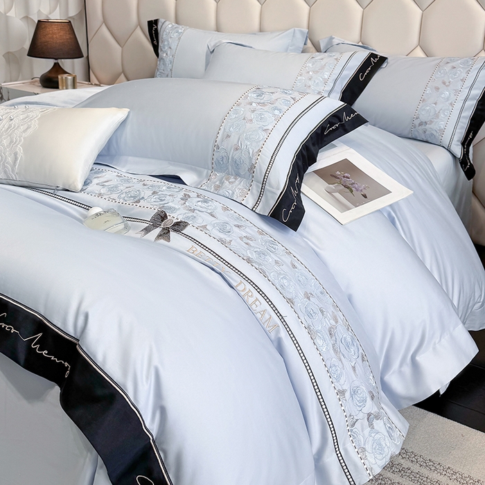 91家纺网 家纺一手货源 找家纺 欣宜家纺 2026春夏新款60支A类新疆长绒棉刺绣全棉四件套纯棉床品套件 玛丽-梦幻蓝