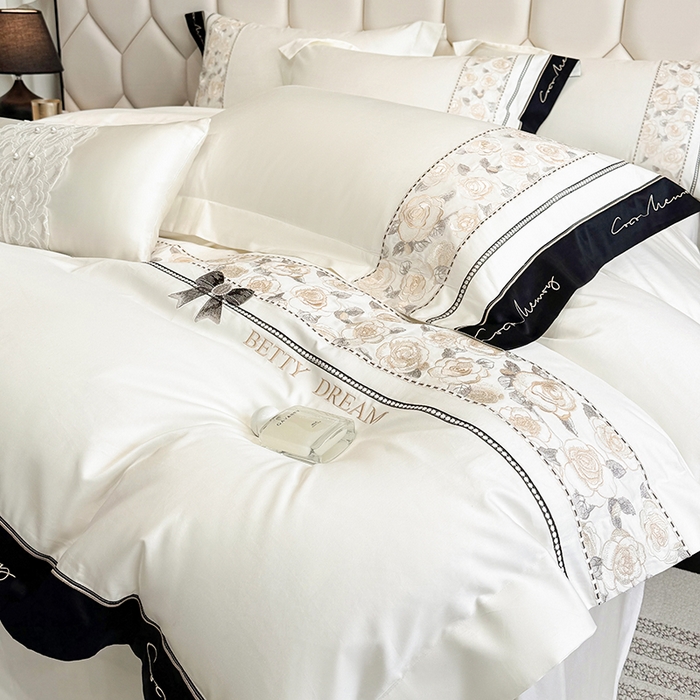 91家纺网 家纺一手货源 找家纺 欣宜家纺 2026春夏新款60支A类新疆长绒棉刺绣全棉四件套纯棉床品套件 玛丽-奶白