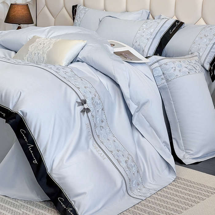 91家纺网 家纺一手货源 找家纺 欣宜家纺 2026春夏新款60支A类新疆长绒棉刺绣全棉四件套纯棉床品套件 玛丽-梦幻蓝