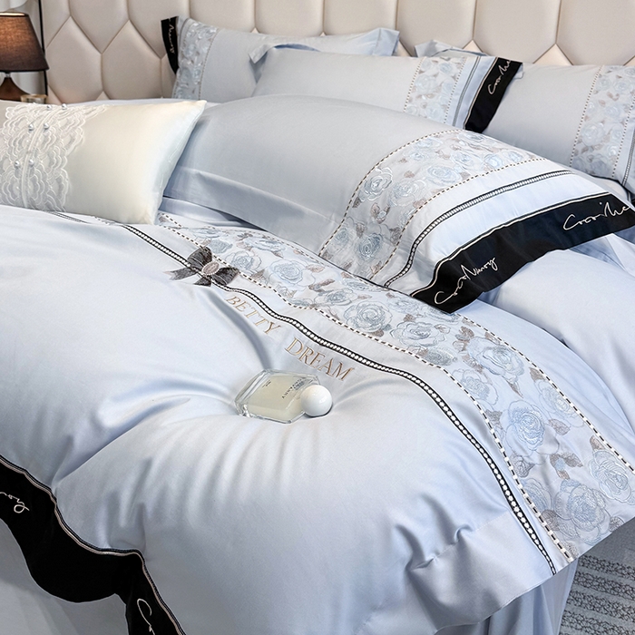 91家纺网 家纺一手货源 找家纺 欣宜家纺 2026春夏新款60支A类新疆长绒棉刺绣全棉四件套纯棉床品套件 玛丽-梦幻蓝