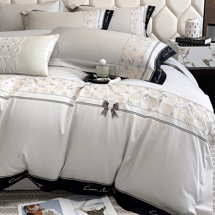 91家纺网 家纺一手货源 找家纺 欣宜家纺 2026春夏新款60支A类新疆长绒棉刺绣全棉四件套纯棉床品套件 玛丽-石灰