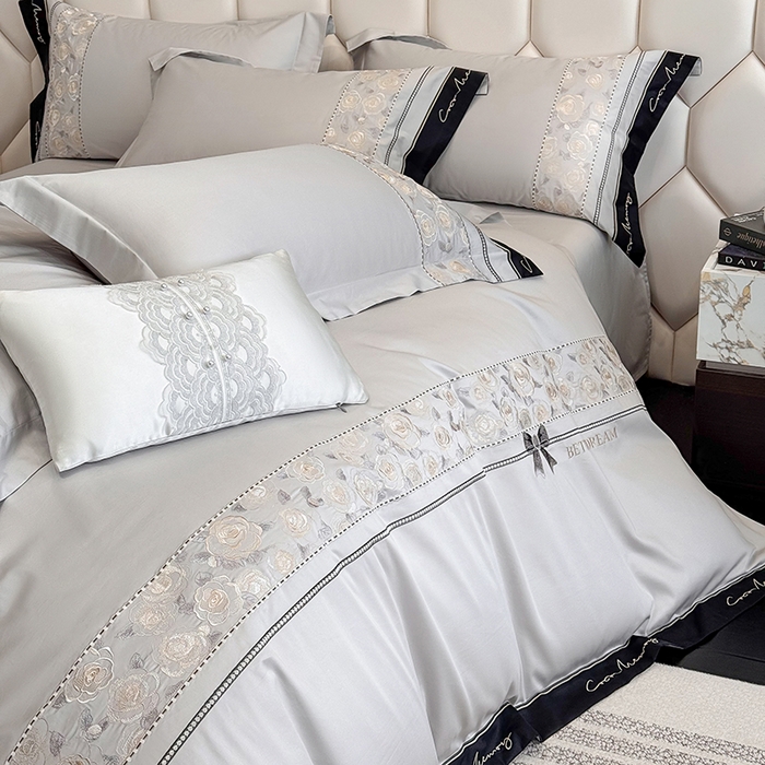 91家纺网 家纺一手货源 找家纺 欣宜家纺 2026春夏新款60支A类新疆长绒棉刺绣全棉四件套纯棉床品套件 玛丽-石灰