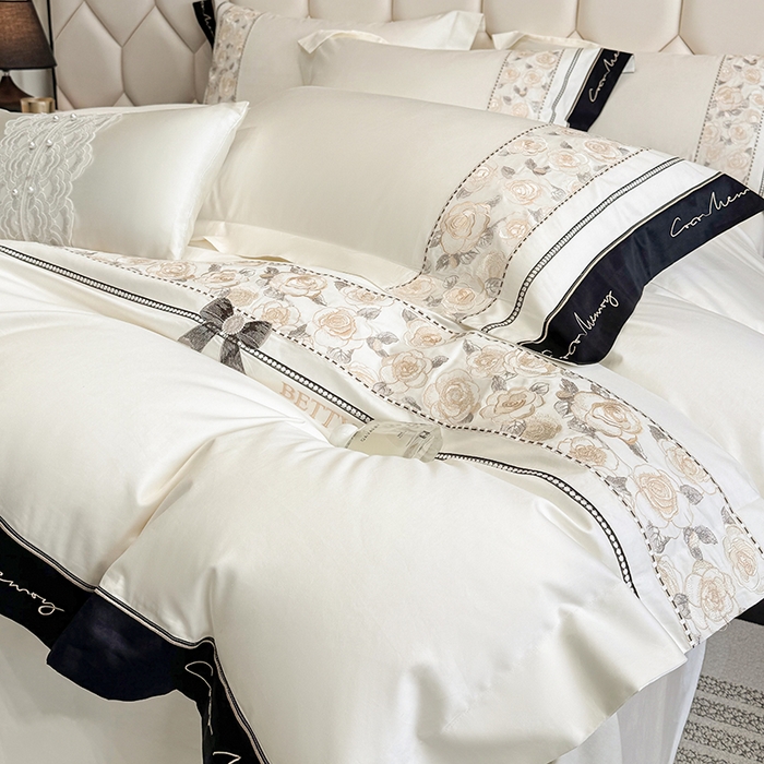 91家纺网 家纺一手货源 找家纺 欣宜家纺 2026春夏新款60支A类新疆长绒棉刺绣全棉四件套纯棉床品套件 玛丽-奶白