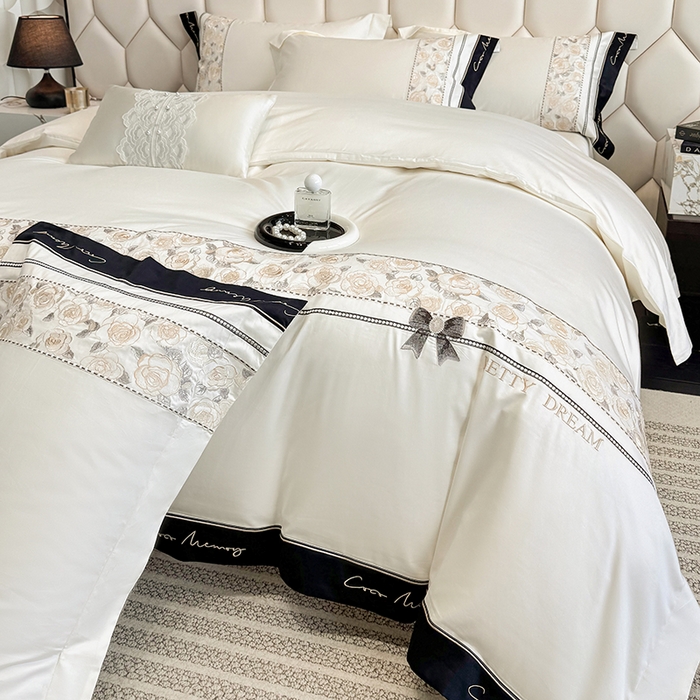 91家纺网 家纺一手货源 找家纺 欣宜家纺 2026春夏新款60支A类新疆长绒棉刺绣全棉四件套纯棉床品套件 玛丽-奶白