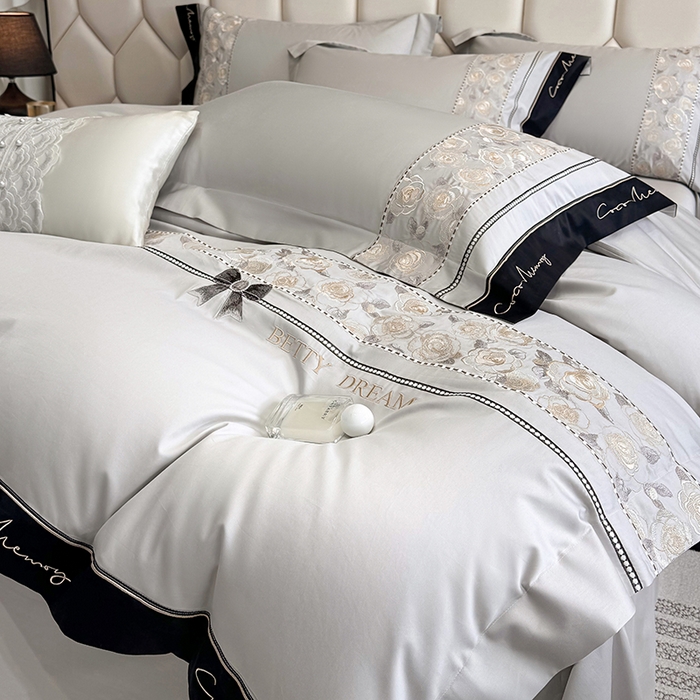 91家纺网 家纺一手货源 找家纺 欣宜家纺 2026春夏新款60支A类新疆长绒棉刺绣全棉四件套纯棉床品套件 玛丽-石灰