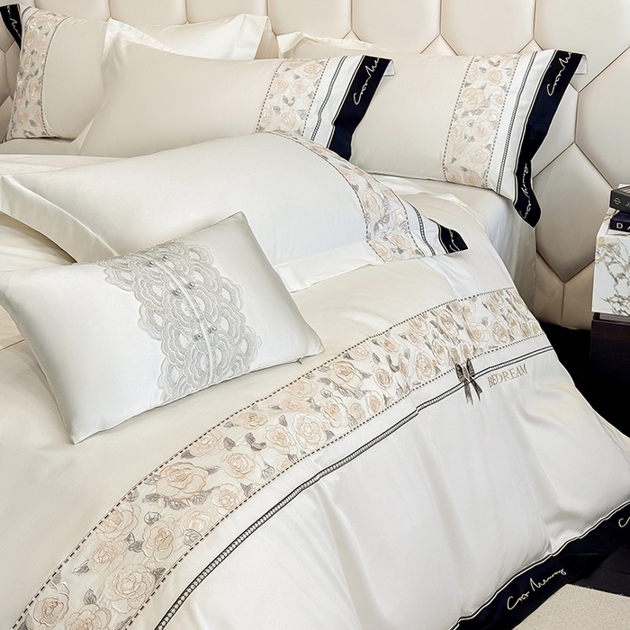 91家纺网 家纺一手货源 找家纺 欣宜家纺 2026春夏新款60支A类新疆长绒棉刺绣全棉四件套纯棉床品套件 玛丽-奶白