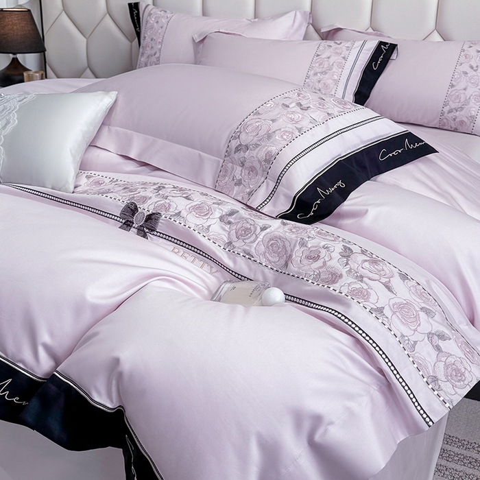 91家纺网 家纺一手货源 找家纺 欣宜家纺 2026春夏新款60支A类新疆长绒棉刺绣全棉四件套纯棉床品套件 玛丽-香芋紫