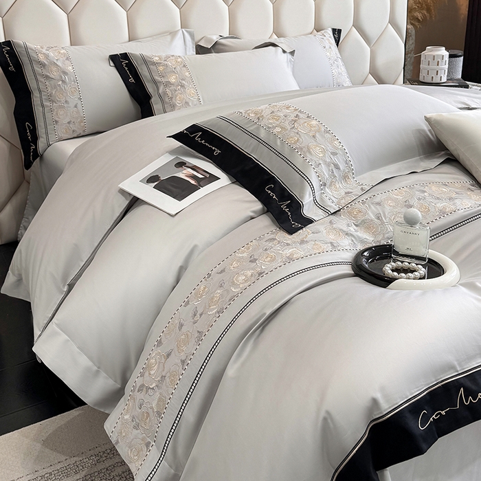 91家纺网 家纺一手货源 找家纺 欣宜家纺 2026春夏新款60支A类新疆长绒棉刺绣全棉四件套纯棉床品套件 玛丽-石灰