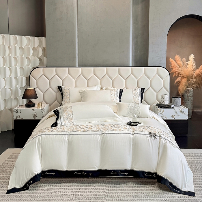 欣宜家纺 2026春夏新款60支A类新疆长绒棉刺绣全棉四件套纯棉床品套件 玛丽-奶白