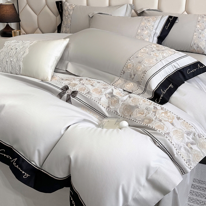 91家纺网 家纺一手货源 找家纺 欣宜家纺 2026春夏新款60支A类新疆长绒棉刺绣全棉四件套纯棉床品套件 玛丽-石灰