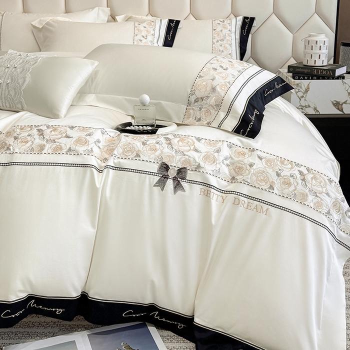 91家纺网 家纺一手货源 找家纺 欣宜家纺 2026春夏新款60支A类新疆长绒棉刺绣全棉四件套纯棉床品套件 玛丽-奶白