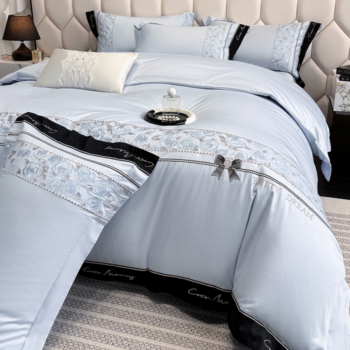 91家纺网 家纺一手货源 找家纺 欣宜家纺 2026春夏新款60支A类新疆长绒棉刺绣全棉四件套纯棉床品套件 玛丽-梦幻蓝