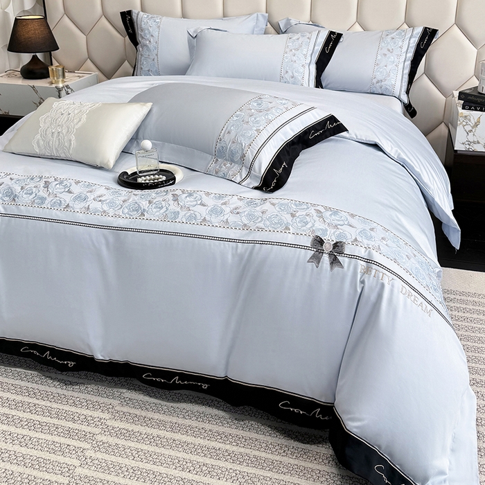 91家纺网 家纺一手货源 找家纺 欣宜家纺 2026春夏新款60支A类新疆长绒棉刺绣全棉四件套纯棉床品套件 玛丽-梦幻蓝