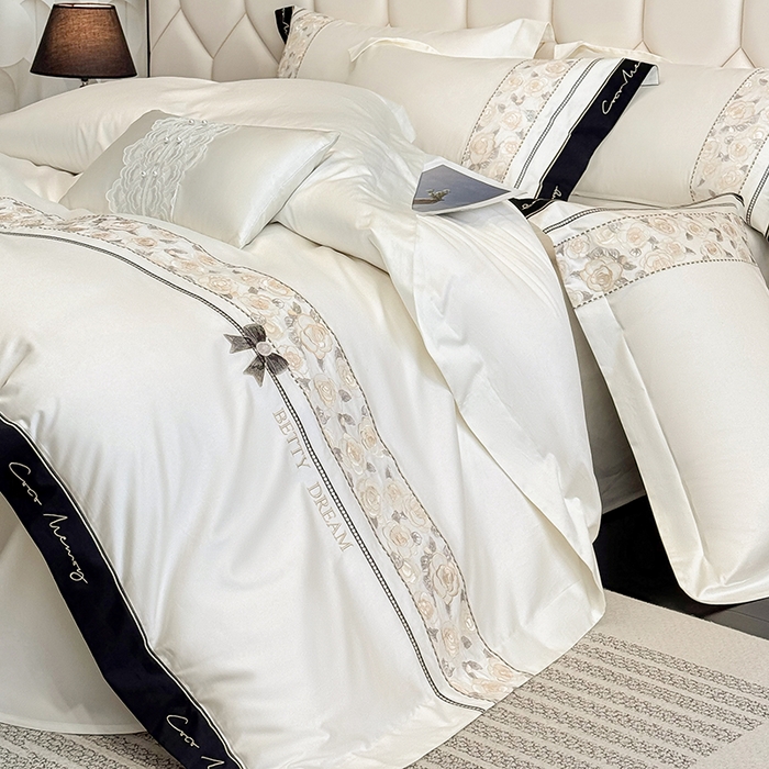 91家纺网 家纺一手货源 找家纺 欣宜家纺 2026春夏新款60支A类新疆长绒棉刺绣全棉四件套纯棉床品套件 玛丽-奶白