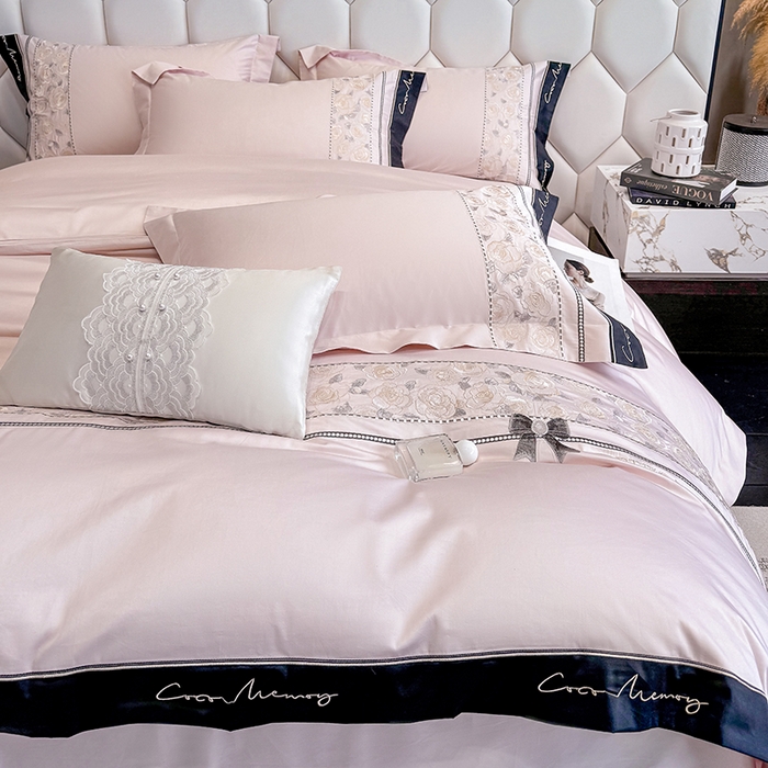 91家纺网 家纺一手货源 找家纺 欣宜家纺 2026春夏新款60支A类新疆长绒棉刺绣全棉四件套纯棉床品套件 玛丽-轻奢粉