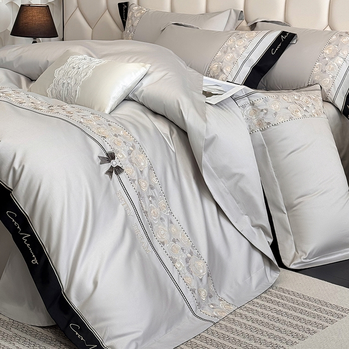 91家纺网 家纺一手货源 找家纺 欣宜家纺 2026春夏新款60支A类新疆长绒棉刺绣全棉四件套纯棉床品套件 玛丽-石灰