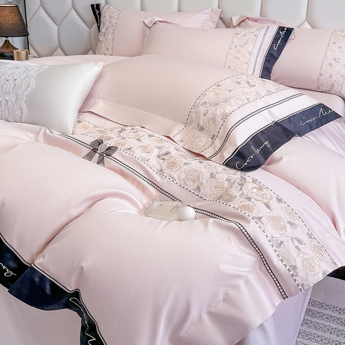 91家纺网 家纺一手货源 找家纺 欣宜家纺 2026春夏新款60支A类新疆长绒棉刺绣全棉四件套纯棉床品套件 玛丽-轻奢粉